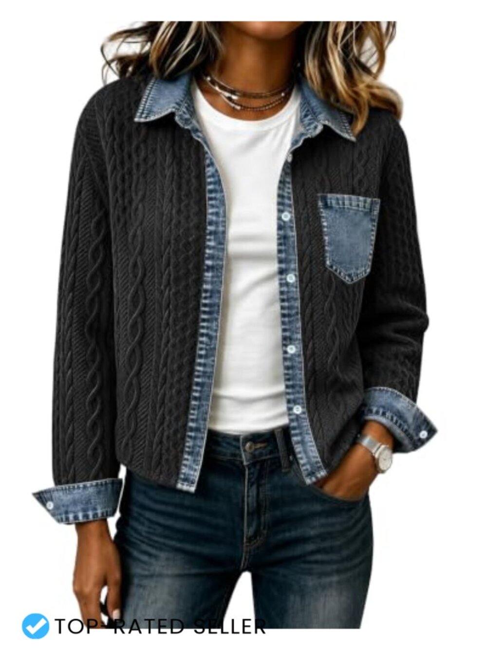 Cropped Denim Collared Bomber Jacket Button Up Long Sleeve
